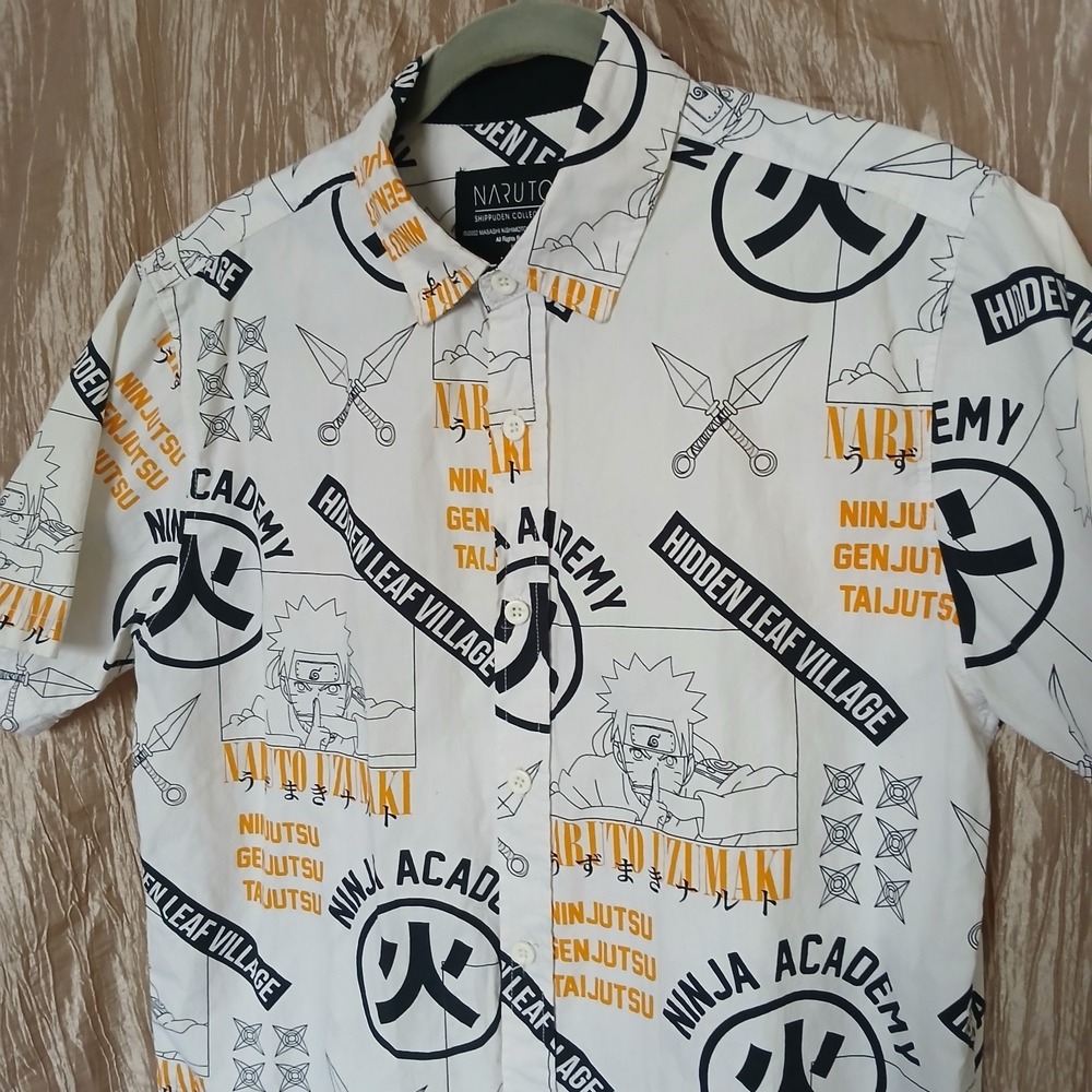Naruto Shippuden AOP Button Shirt‎ Men's Medium White Ninja Academy Hidden Leaf*